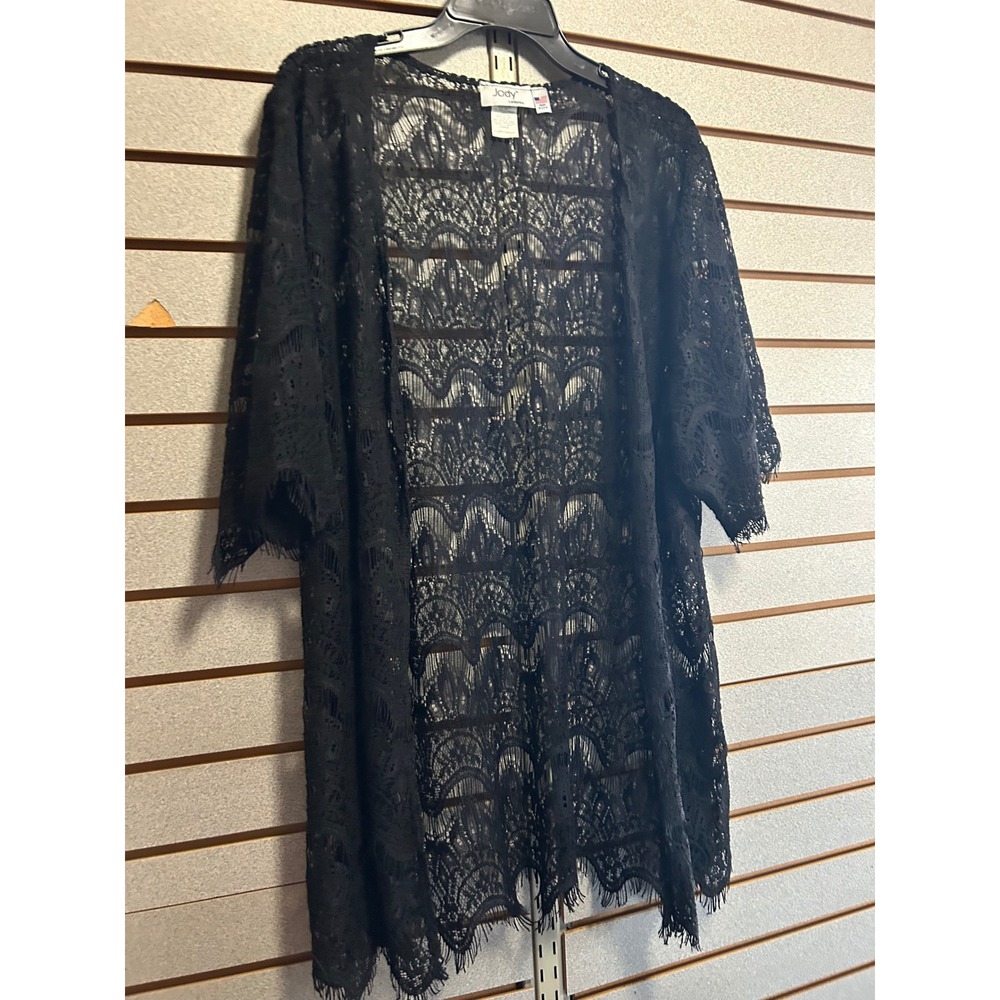 Jody California Black Lace Kimono Cardigan Open Front‎ Sheer Eyelash Trim Large